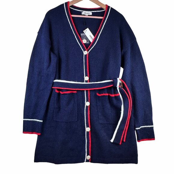 Vigoss Navy Longline Belted Cardigan Sz M Pearl Gold Buttons Nautical Trim NWT - Picture 3 of 8